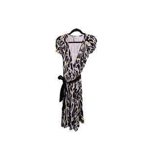 Diane Von Furstenberg DVF Antonio Black Yellow Leaf Print V-Neck Wrap Dress 8